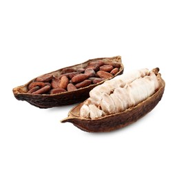 Cocoa pods with beans isolated on white