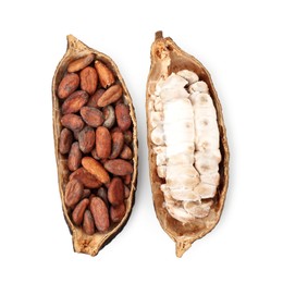 Cocoa pods with beans isolated on white, top view