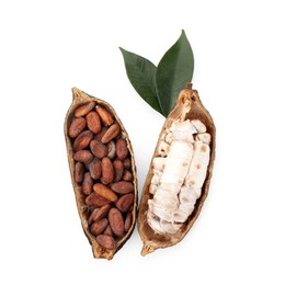 Photo of Cocoa pods with beans isolated on white, top view