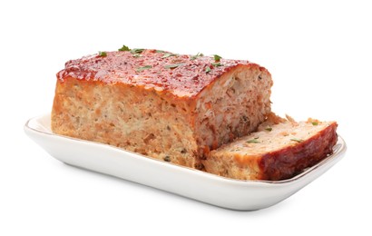 Photo of Delicious baked turkey meatloaf isolated on white