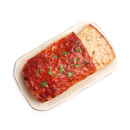 Photo of Delicious baked turkey meatloaf isolated on white, top view