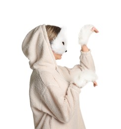 Photo of Quadrobics. Woman wearing cat mask and gloves on white background