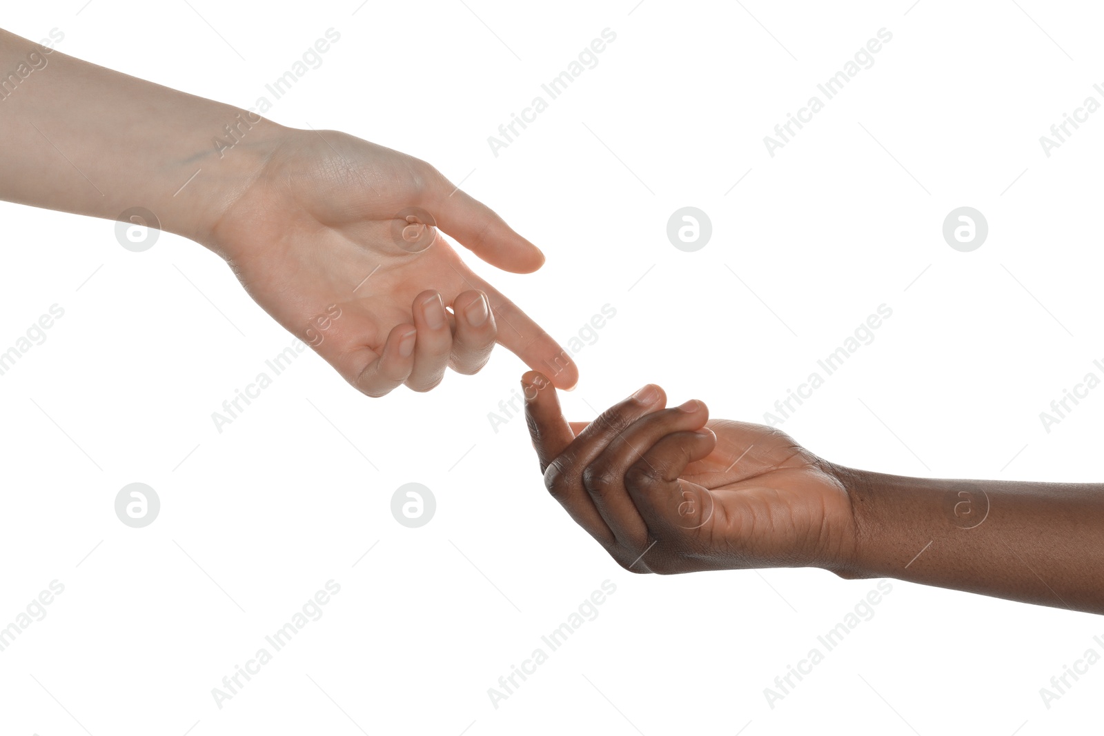 Photo of Stop racism. People of different skin colors joining hands on white background, closeup