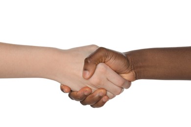 Photo of Stop racism. People of different skin colors shaking hands on white background, closeup