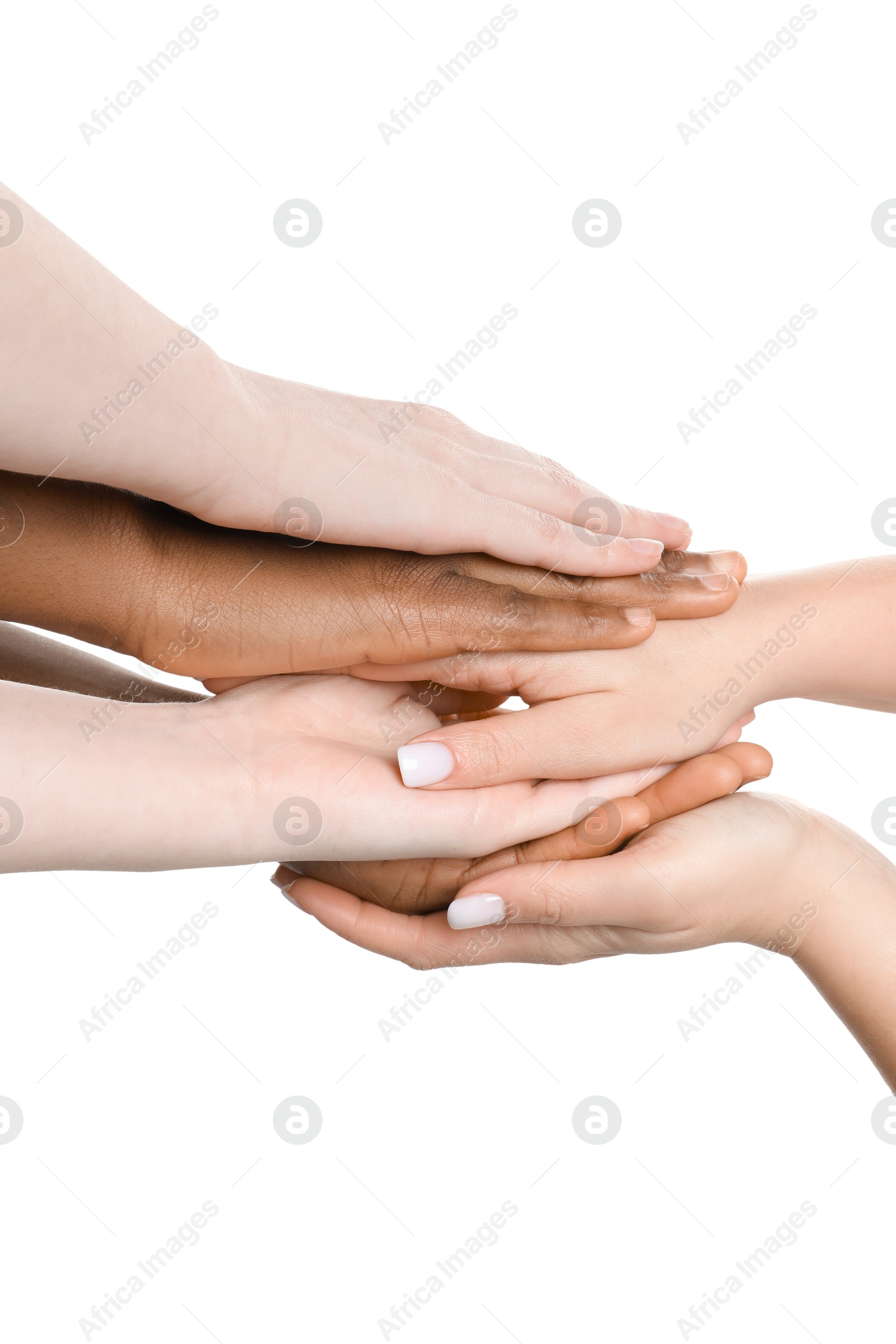 Photo of Stop racism. People of different skin colors holding hands on white background, closeup