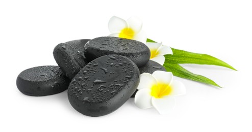 Photo of Wet spa stones with flowers and leaves isolated on white