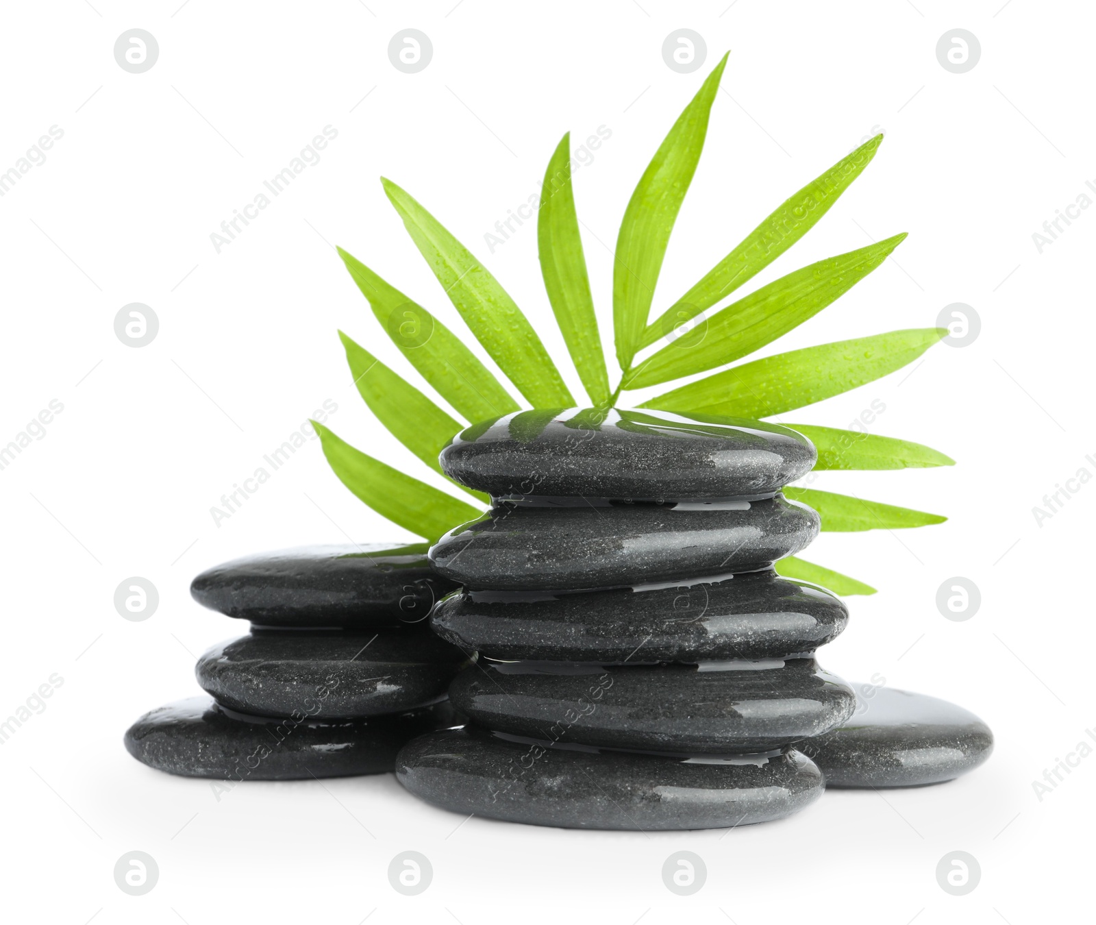 Photo of Wet spa stones with leaves isolated on white