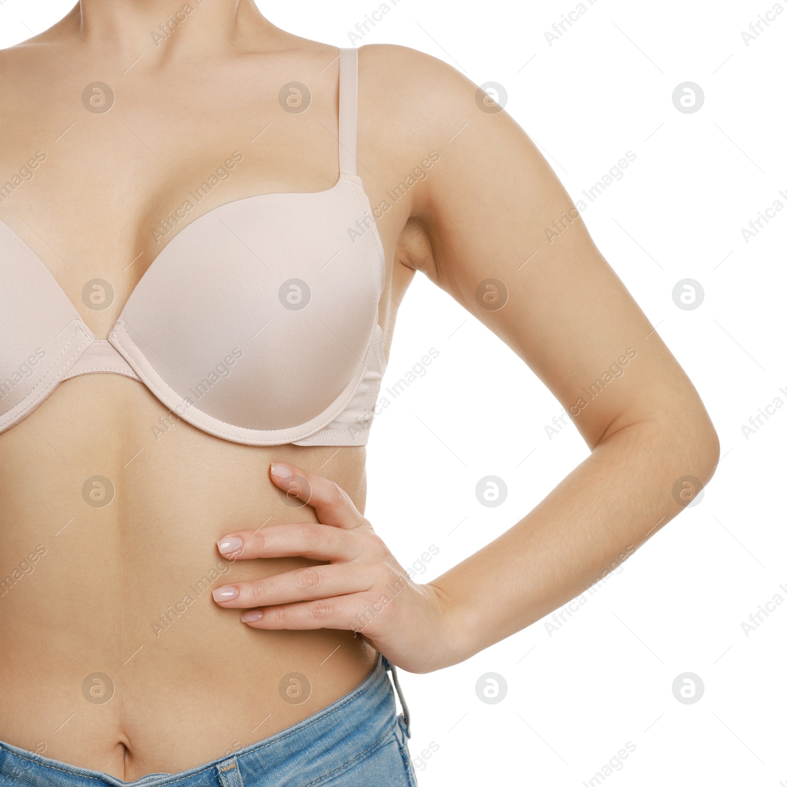 Photo of Woman wearing beautiful bra on white background, closeup