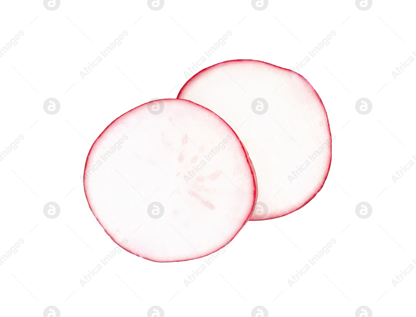 Photo of Slices of fresh radish isolated on white, top view