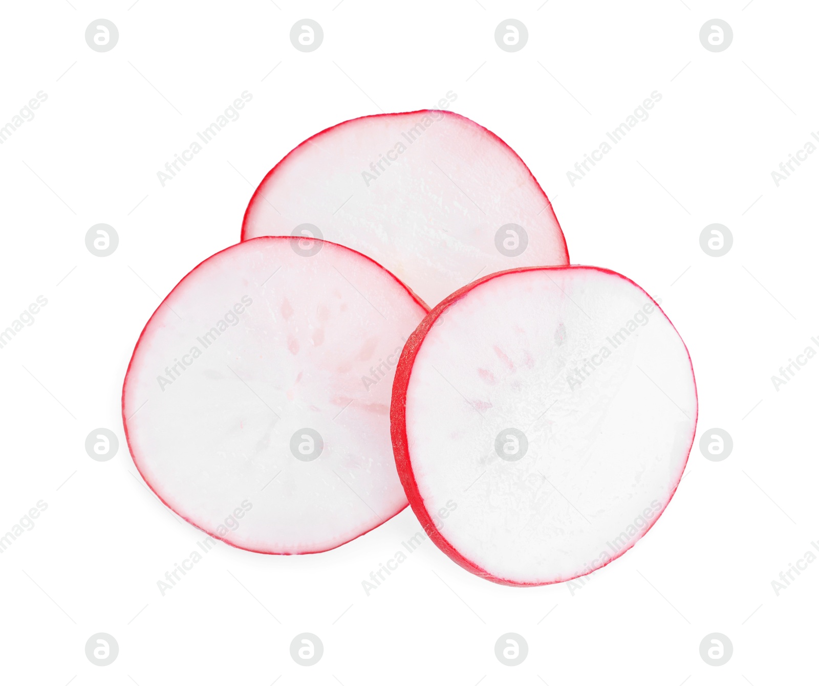 Photo of Slices of fresh radish isolated on white, top view