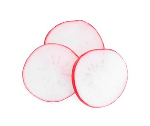 Photo of Slices of fresh radish isolated on white, top view