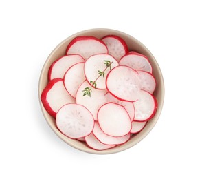 Photo of Radish slices in bowl isolated on white, top view