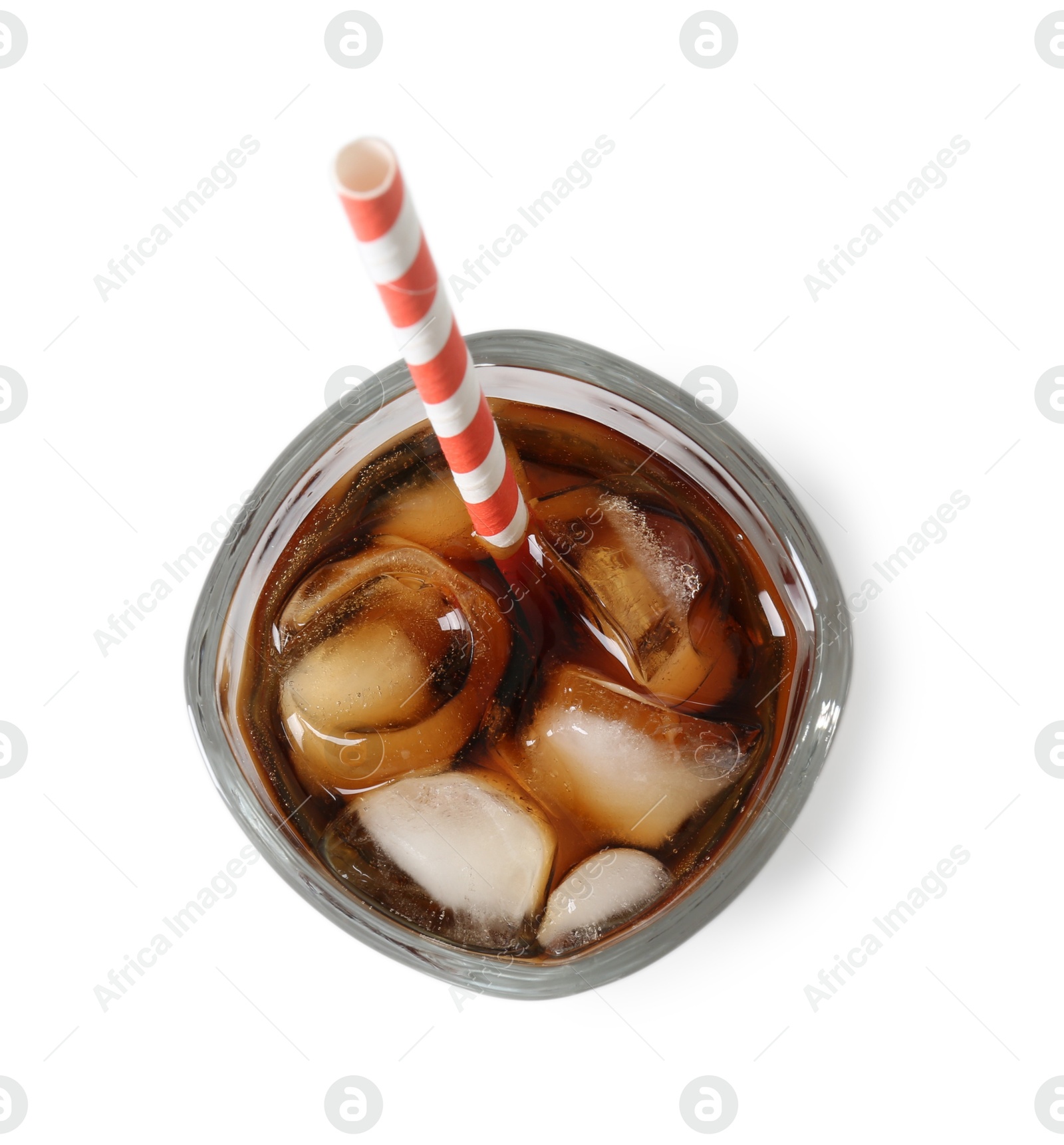 Photo of Refreshing cola with ice cubes and drinking straw in glass isolated on white, top view