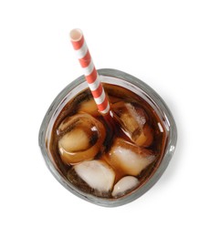 Photo of Refreshing cola with ice cubes and drinking straw in glass isolated on white, top view