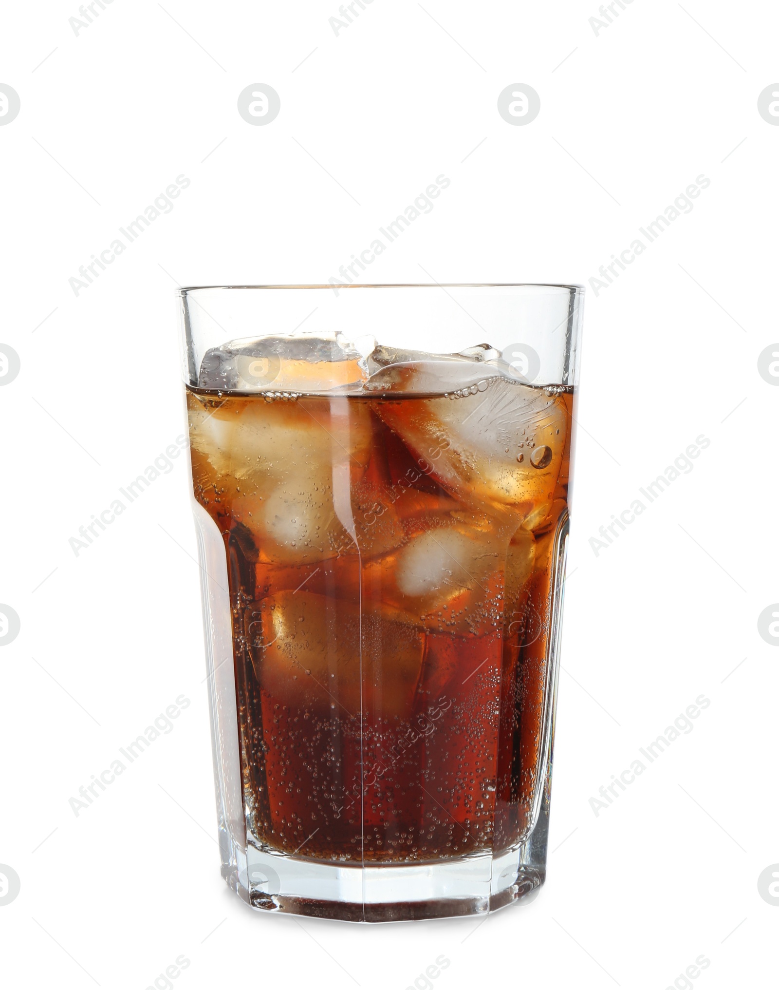 Photo of Refreshing cola with ice cubes in glass isolated on white