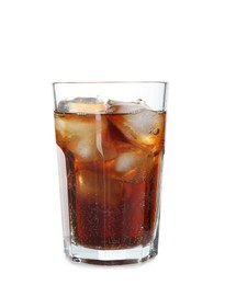 Photo of Refreshing cola with ice cubes in glass isolated on white