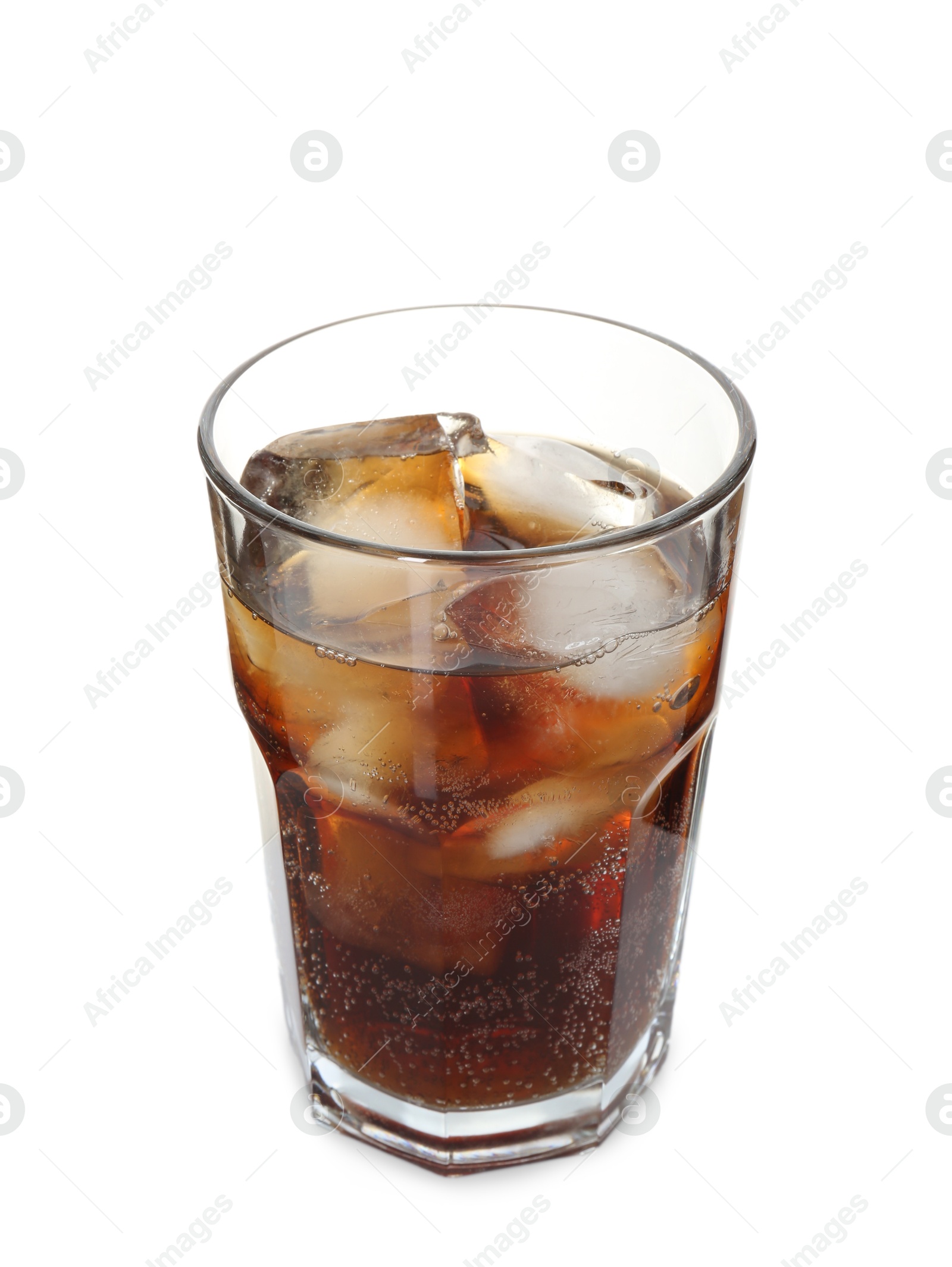 Photo of Refreshing cola with ice cubes in glass isolated on white