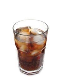 Photo of Refreshing cola with ice cubes in glass isolated on white