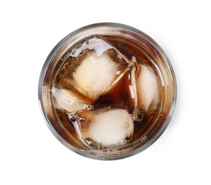 Photo of Refreshing cola with ice cubes in glass isolated on white, top view