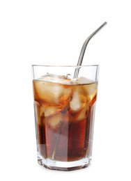 Photo of Refreshing cola with ice cubes and drinking straw in glass isolated on white