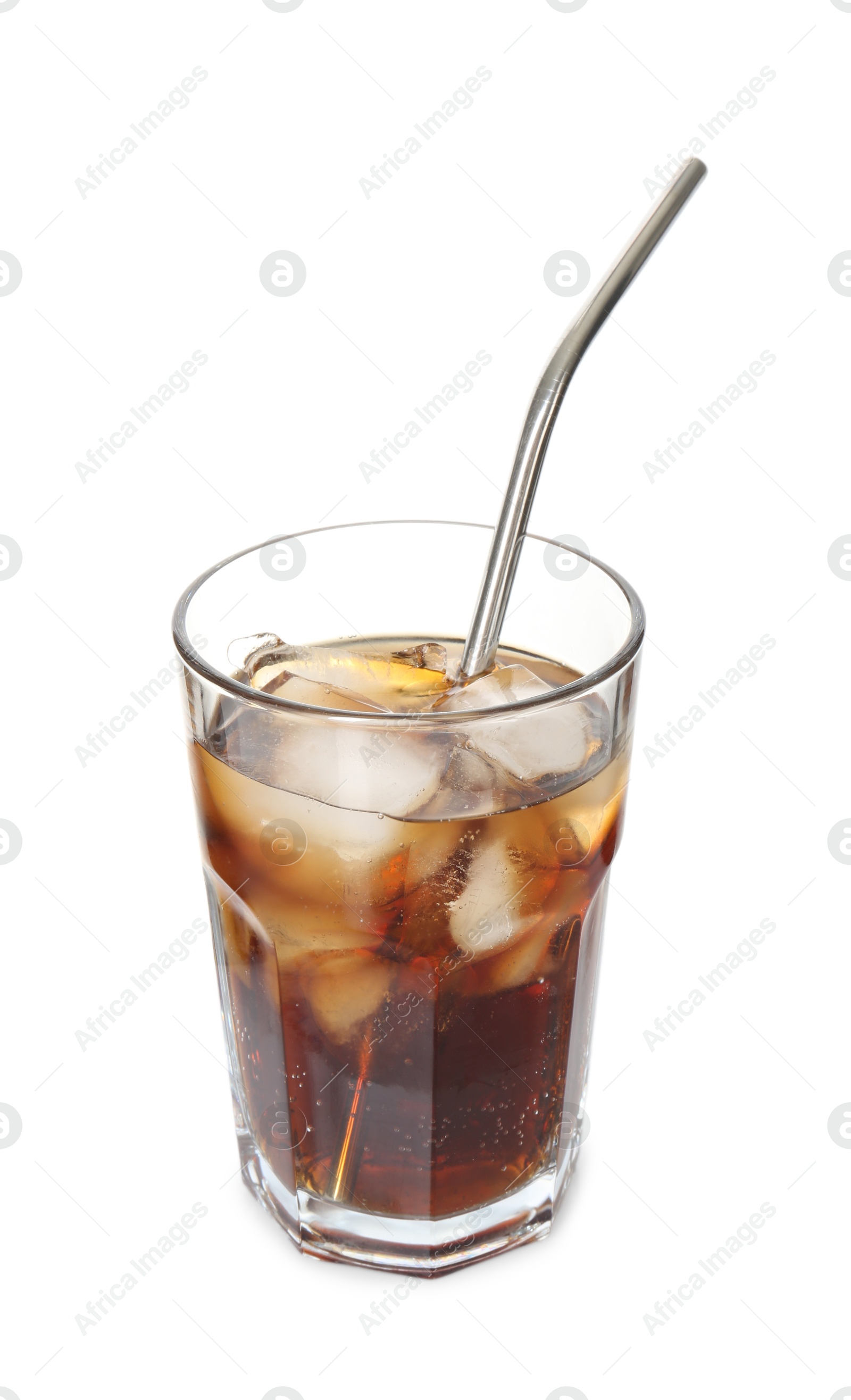 Photo of Refreshing cola with ice cubes and drinking straw in glass isolated on white