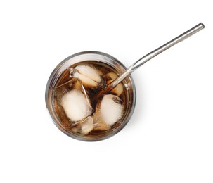 Photo of Refreshing cola with ice cubes and drinking straw in glass isolated on white, top view