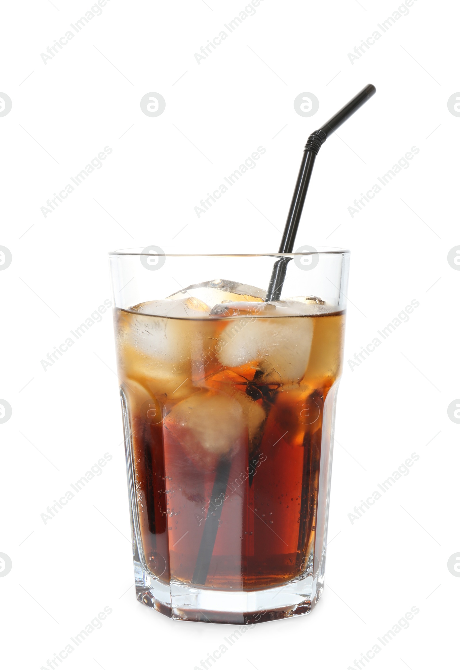 Photo of Refreshing cola with ice cubes and drinking straw in glass isolated on white