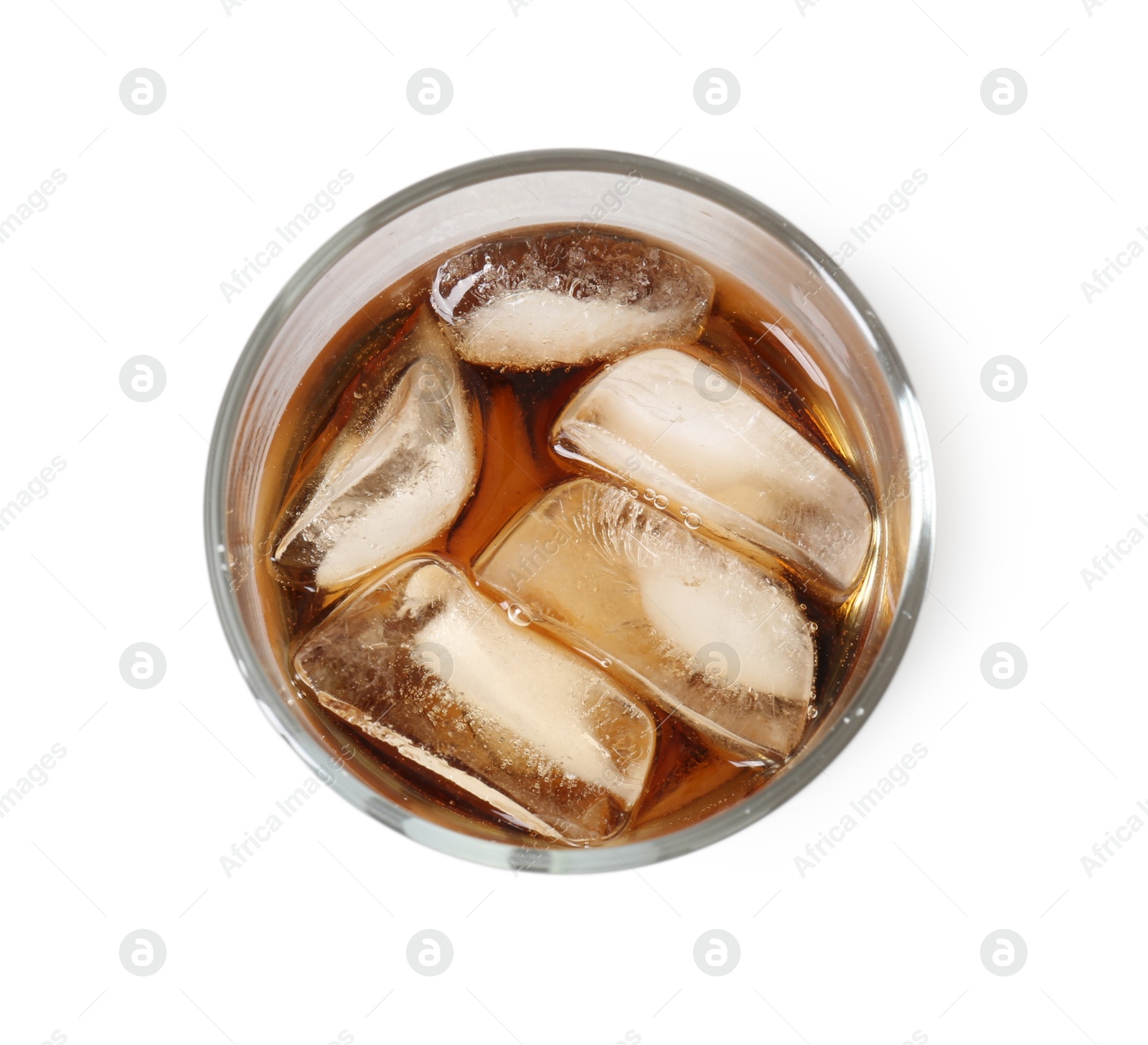 Photo of Refreshing cola with ice cubes in glass isolated on white, top view