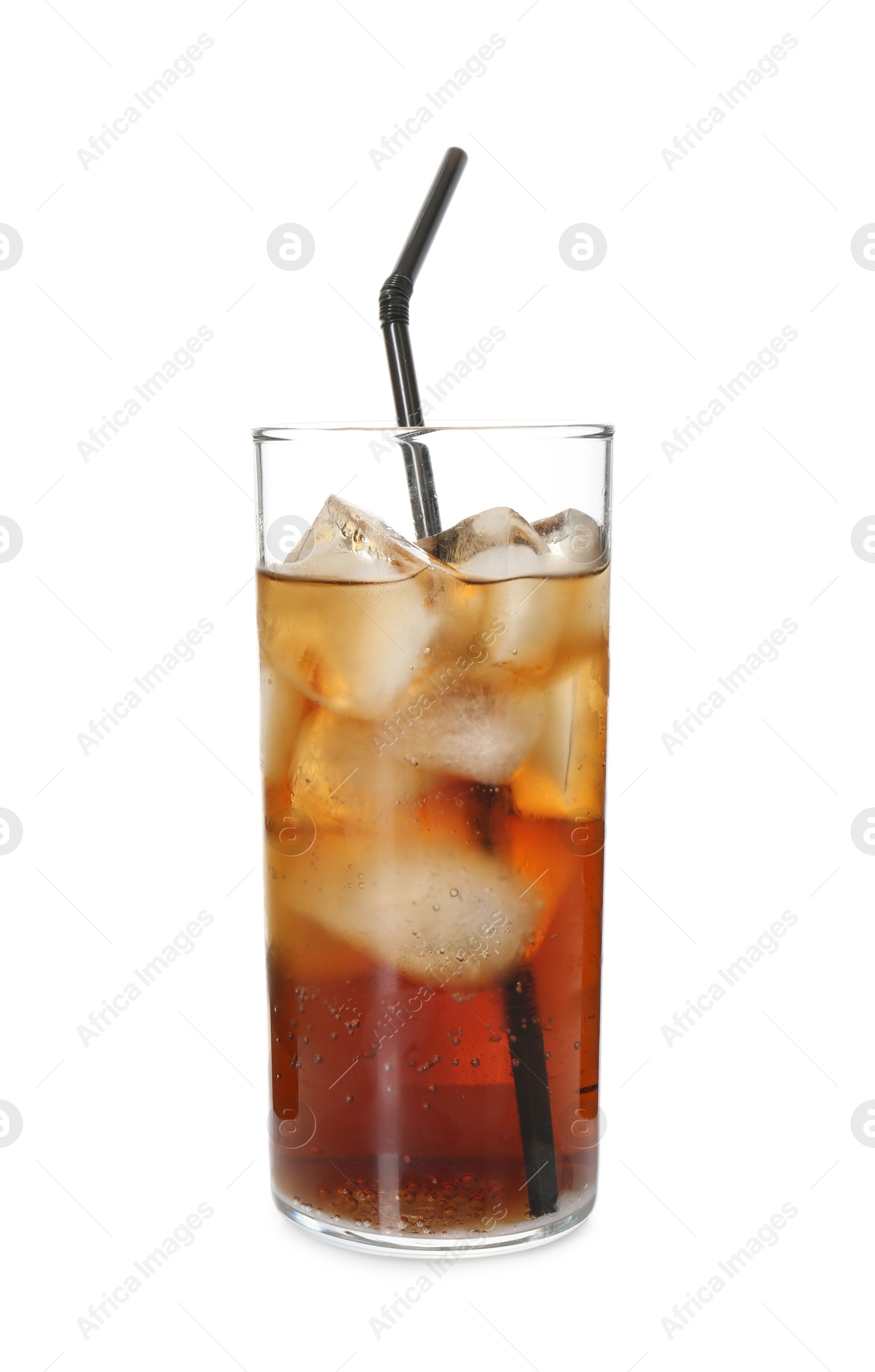 Photo of Refreshing cola with ice cubes and drinking straw in glass isolated on white