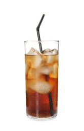 Photo of Refreshing cola with ice cubes and drinking straw in glass isolated on white