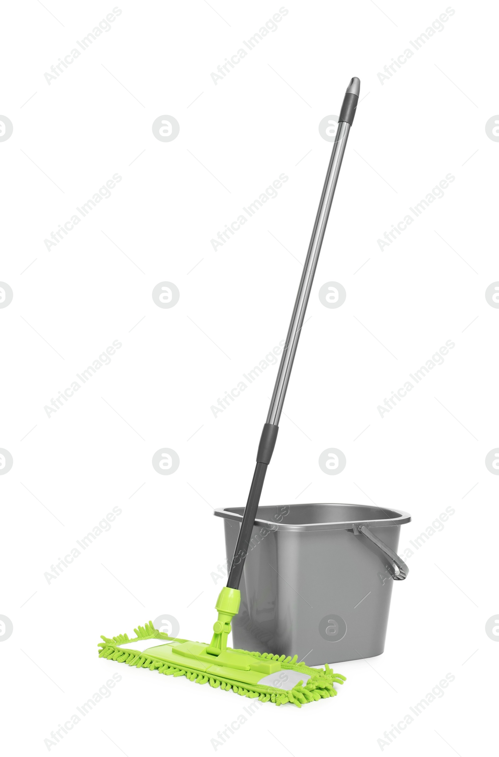 Photo of Microfiber mop and bucket isolated on white. Cleaning equipment