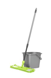 Photo of Microfiber mop and bucket isolated on white. Cleaning equipment