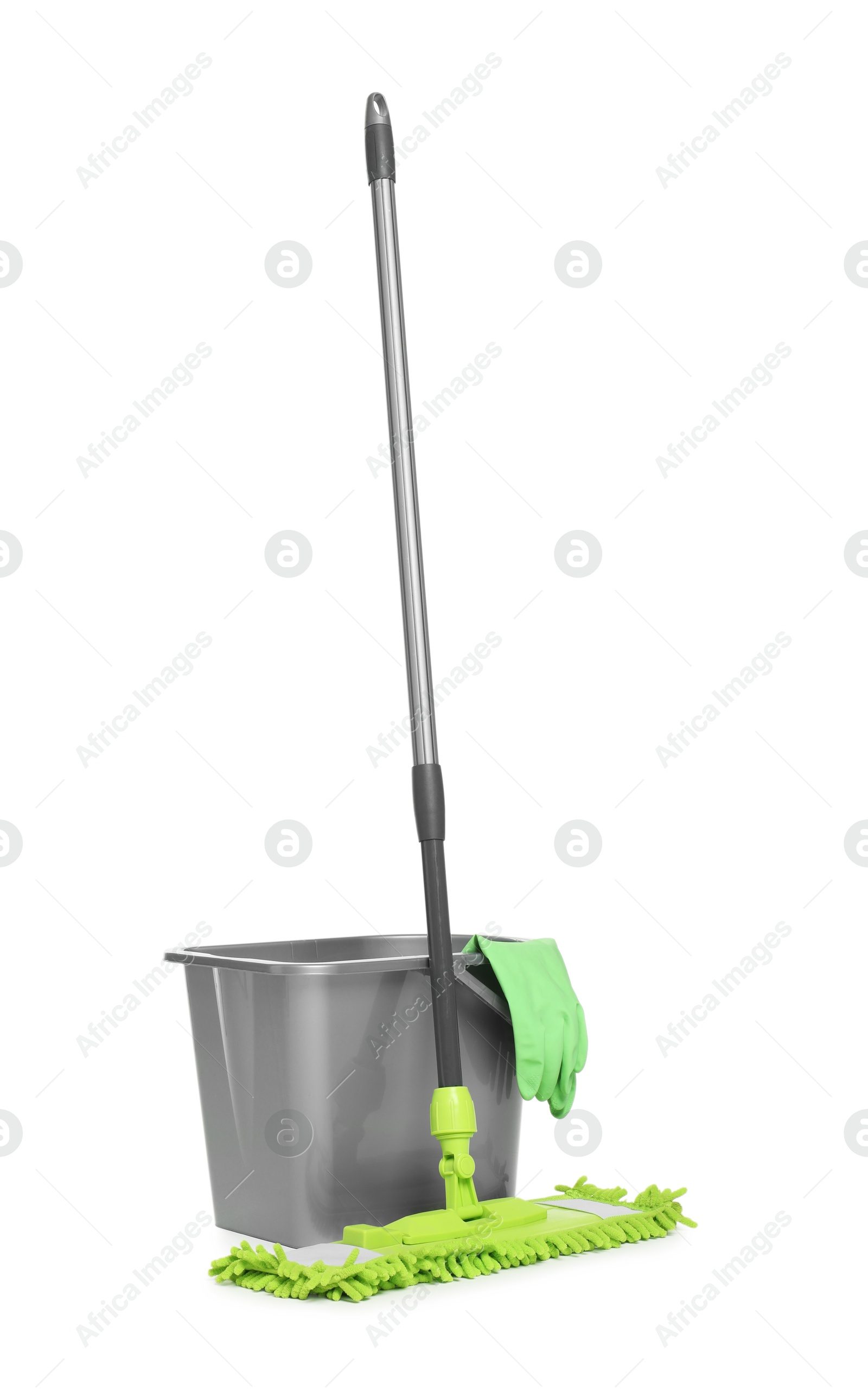 Photo of Microfiber mop, glove and bucket isolated on white. Cleaning equipment