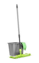 Microfiber mop, glove and bucket isolated on white. Cleaning equipment