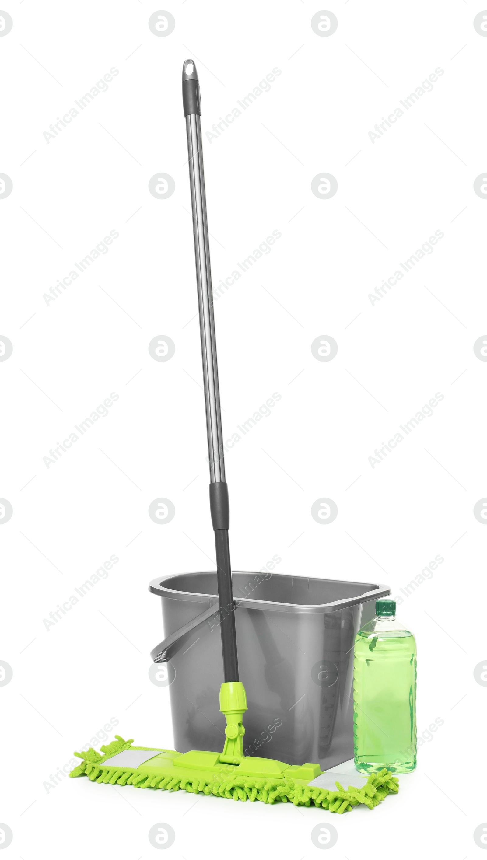 Photo of Microfiber mop, bottle of detergent and bucket isolated on white. Cleaning equipment