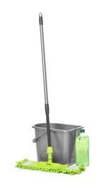 Microfiber mop, bottle of detergent and bucket isolated on white. Cleaning equipment