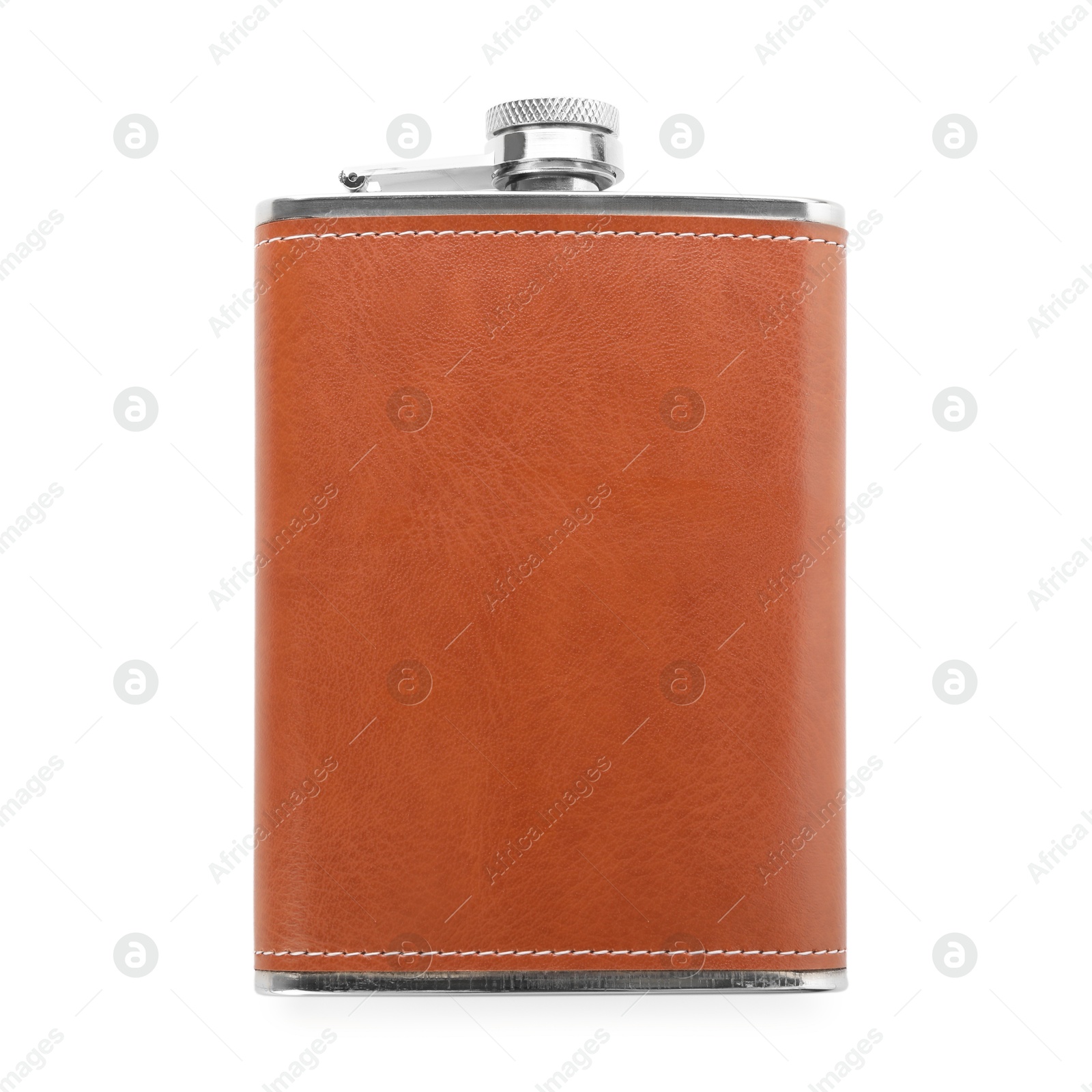 Photo of One hip flask isolated on white, top view