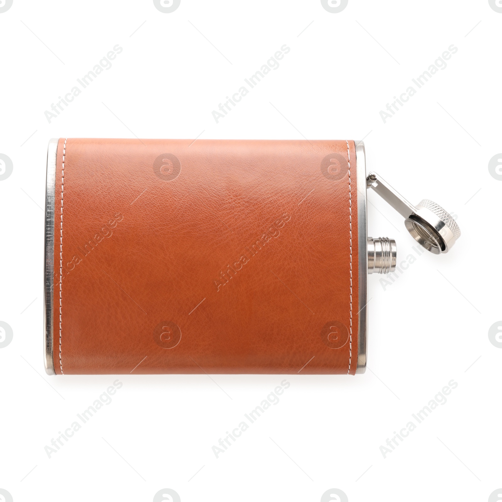 Photo of One hip flask isolated on white, top view