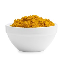 Photo of Turmeric powder in bowl isolated on white