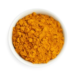 Photo of Turmeric powder in bowl isolated on white, top view