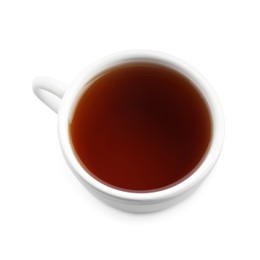 Photo of Refreshing black tea in cup isolated on white, above view