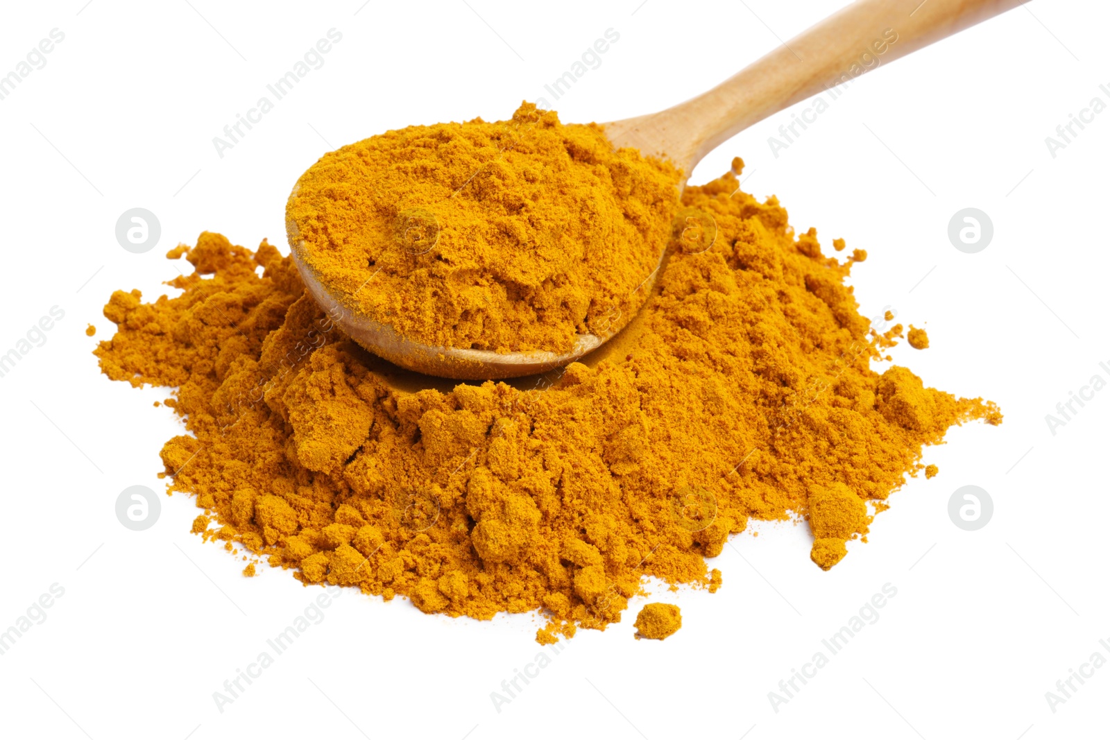 Photo of Turmeric powder and spoon isolated on white