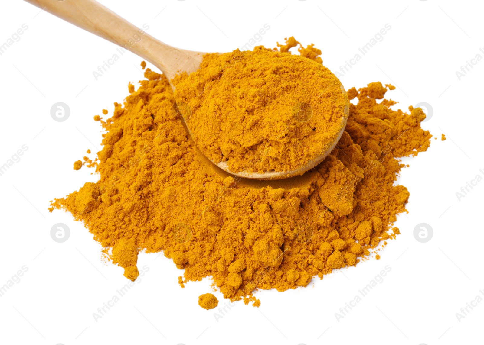 Photo of Turmeric powder and spoon isolated on white