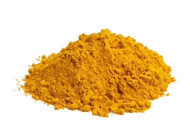 Photo of Heap of turmeric powder isolated on white