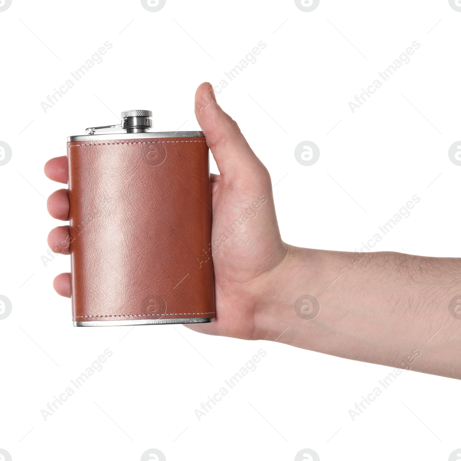 Photo of Man holding new hip flask on white background, closeup