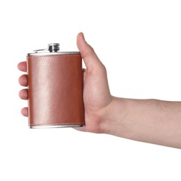 Photo of Man holding new hip flask on white background, closeup