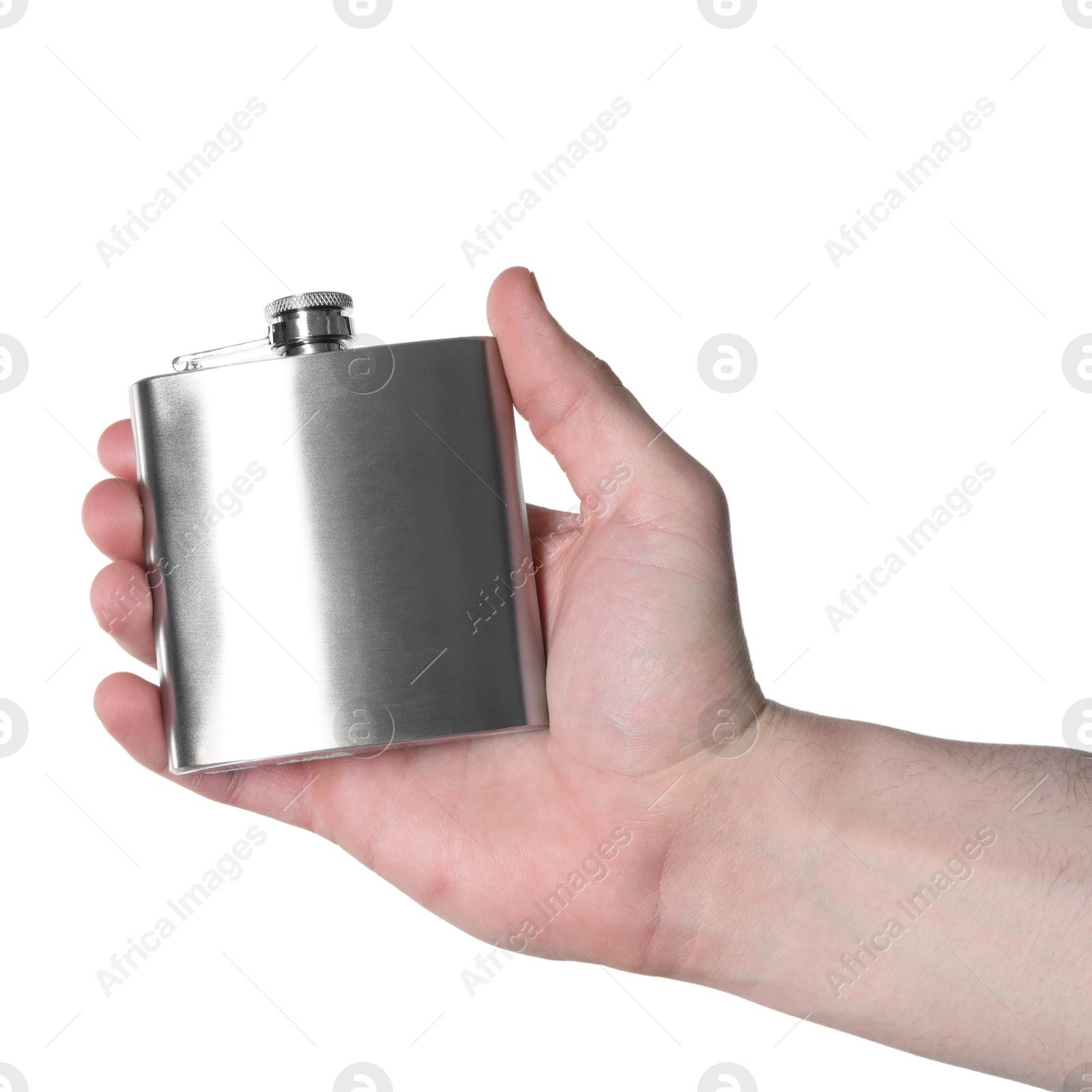 Photo of Man holding metal hip flask on white background, closeup