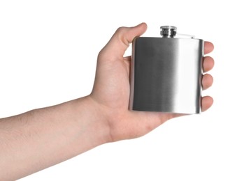 Photo of Man holding metal hip flask on white background, closeup