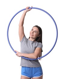 Photo of Smiling woman with hula hoop on white background