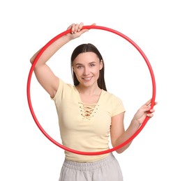 Photo of Smiling woman with hula hoop on white background